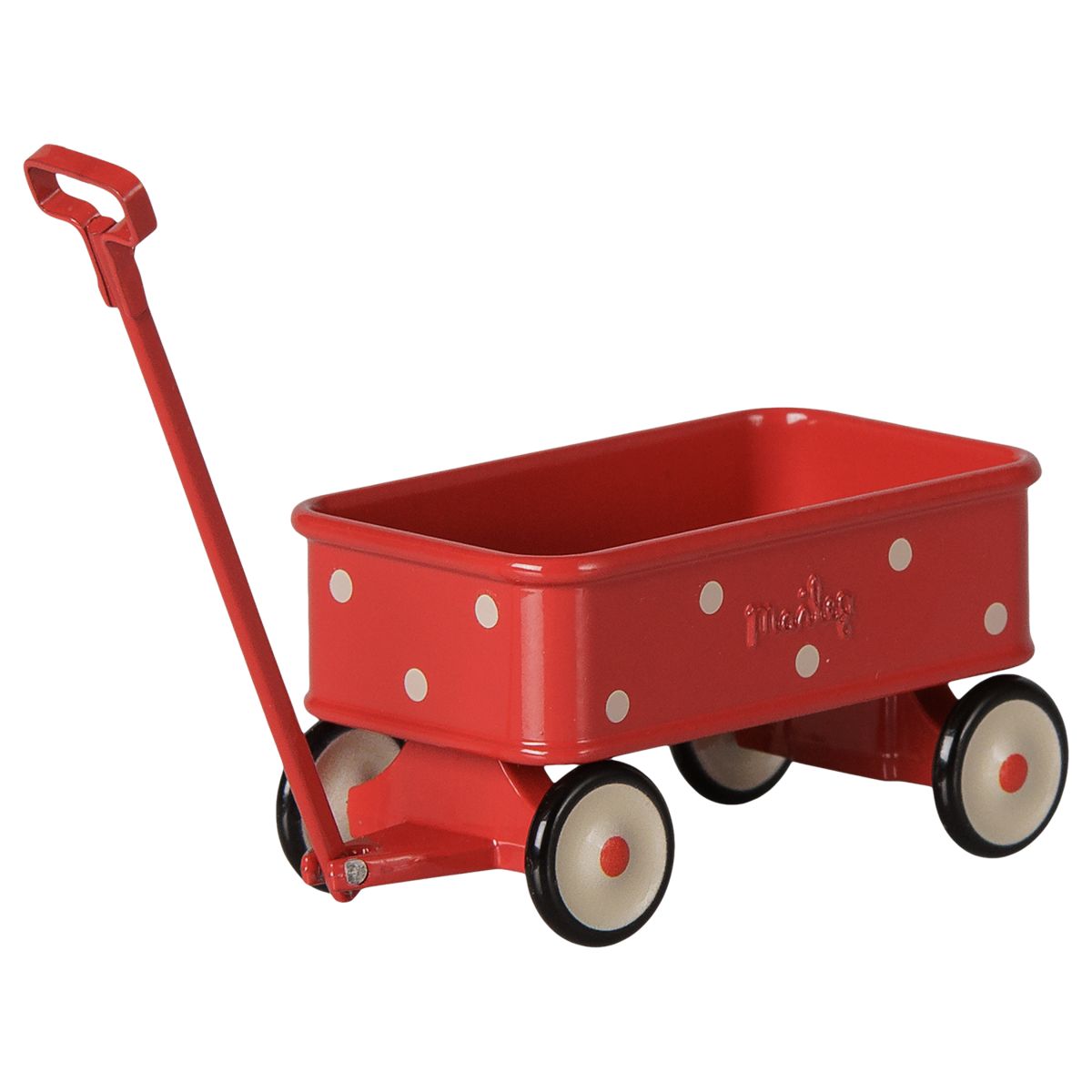 Red Maileg mouse wagon with white polka dots.
