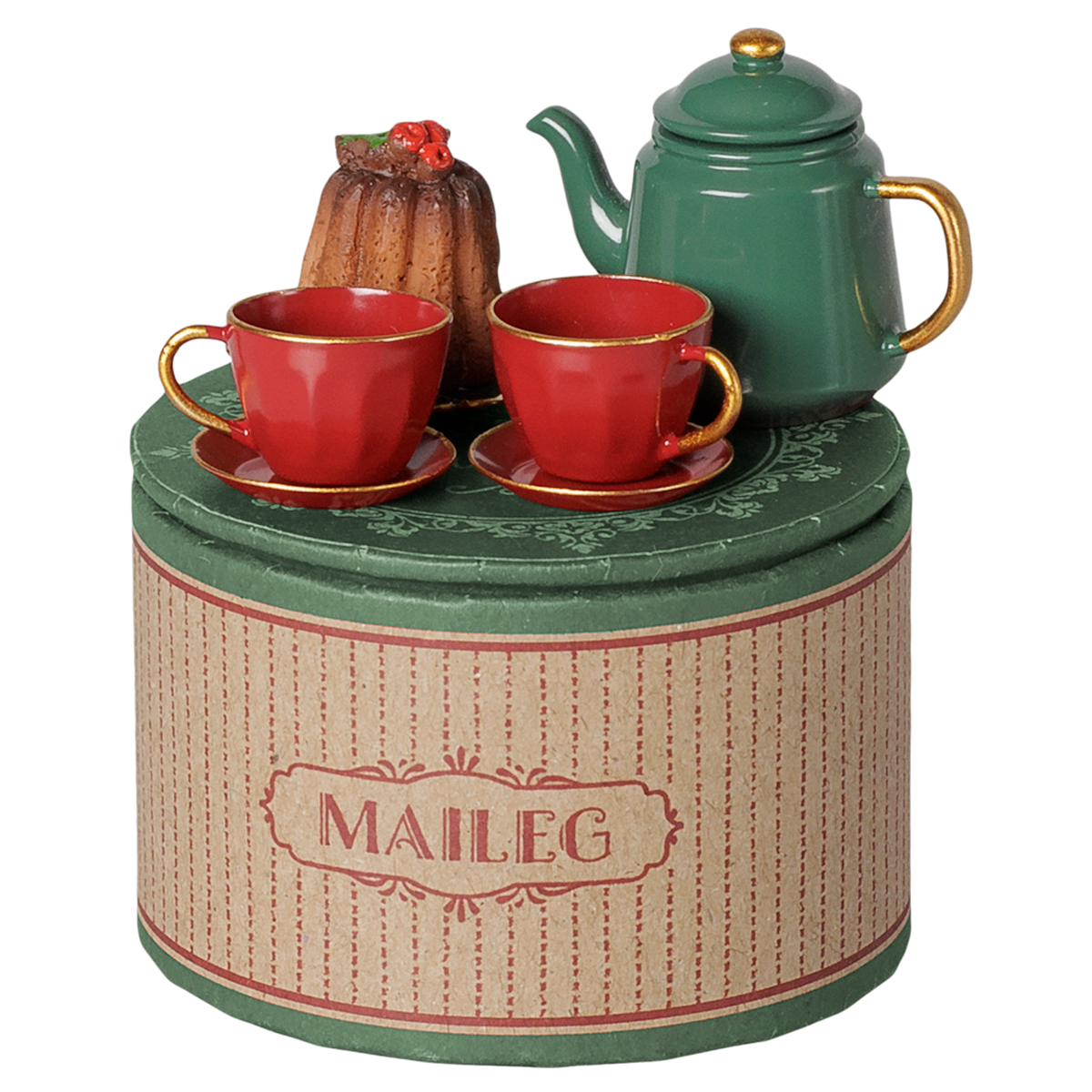 Maileg Christmas tea party set with a green teapot, red teacups, and a bundt cake on a decorative box.