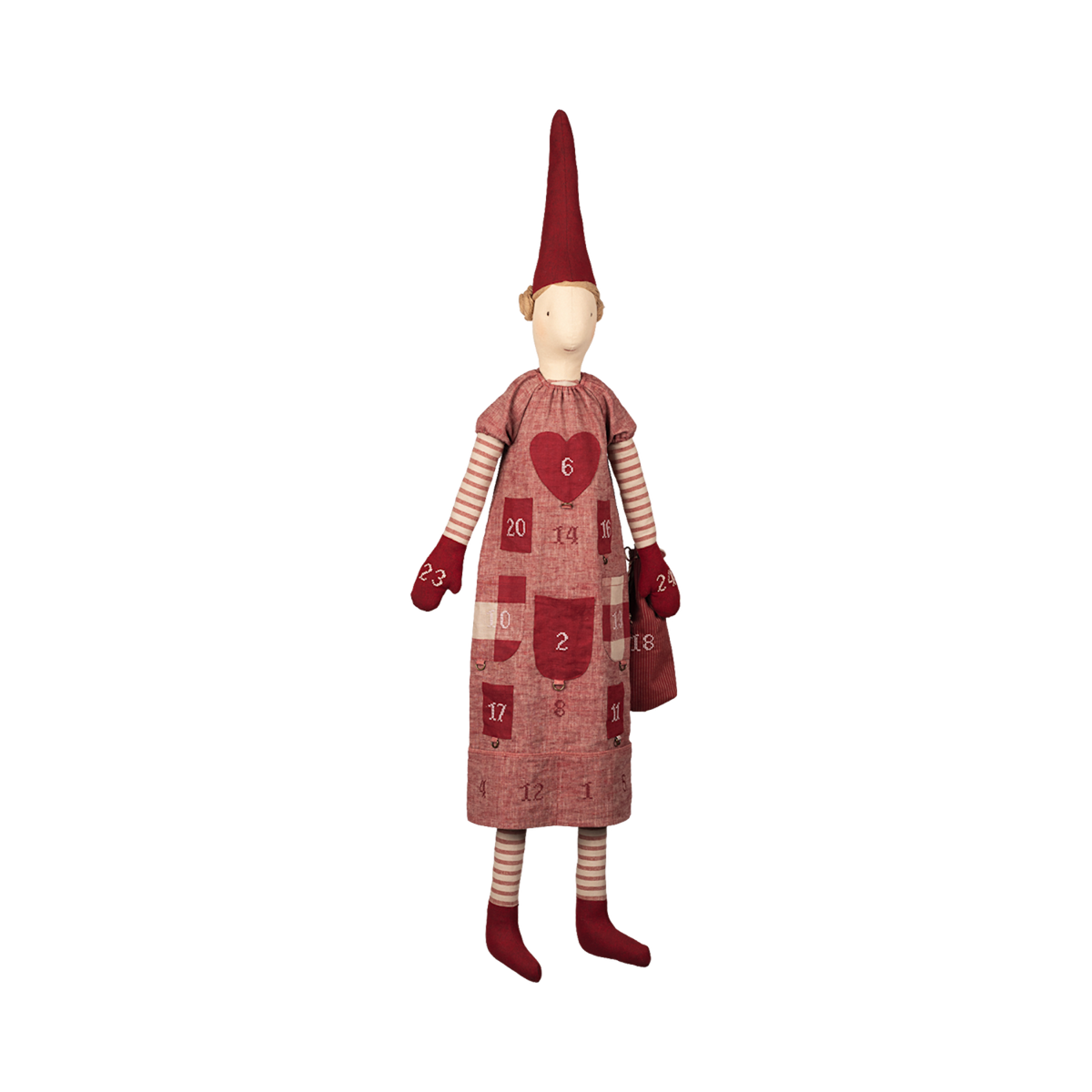 A whimsical doll with a tall red hat and striped leggings wears an advent calendar dress with numbered pockets and a heart design, creating a festive, joyful tone.