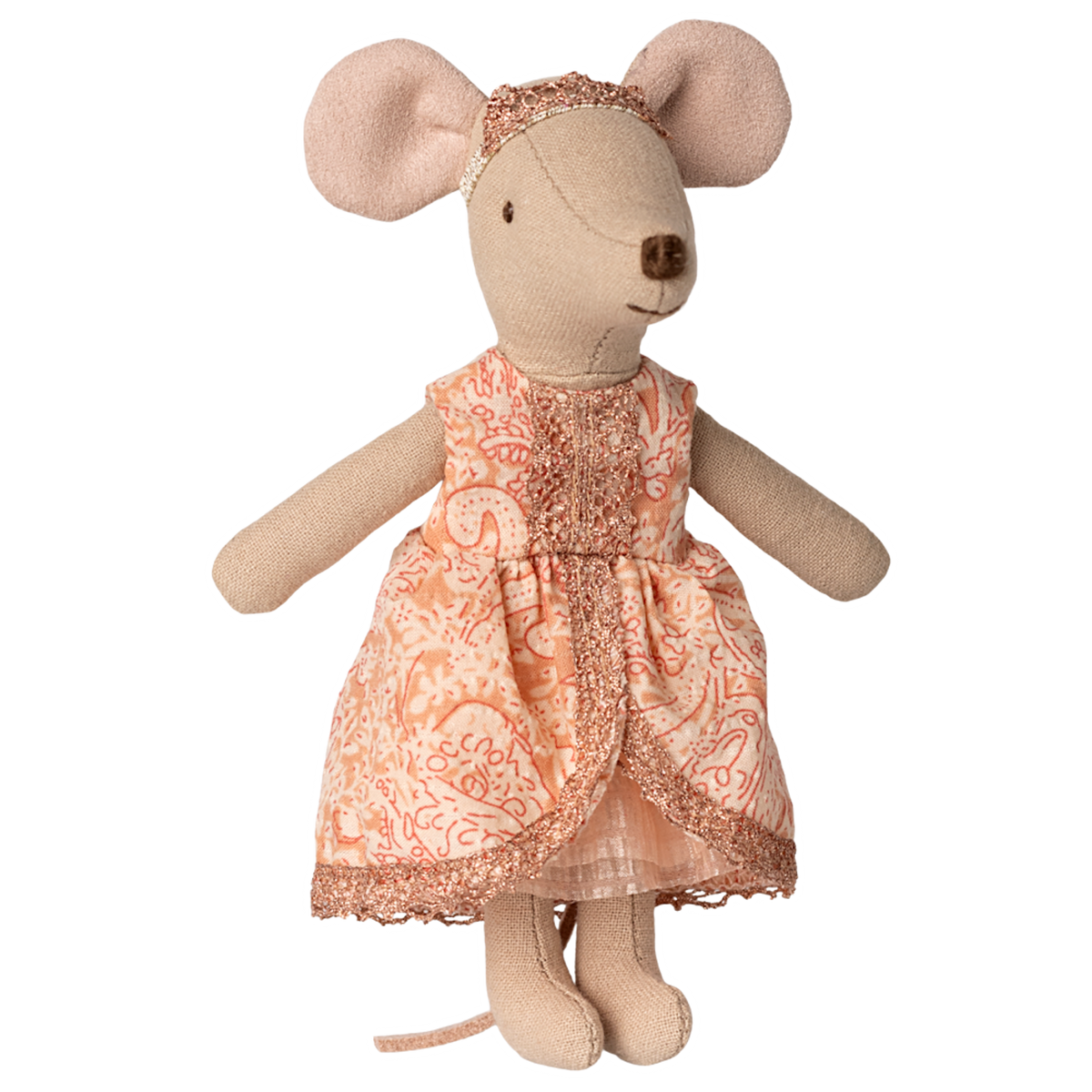 A stuffed toy mouse wearing a detailed pink patterned dress with glittery trim. The mouse's large ears and cute appearance convey a playful tone.