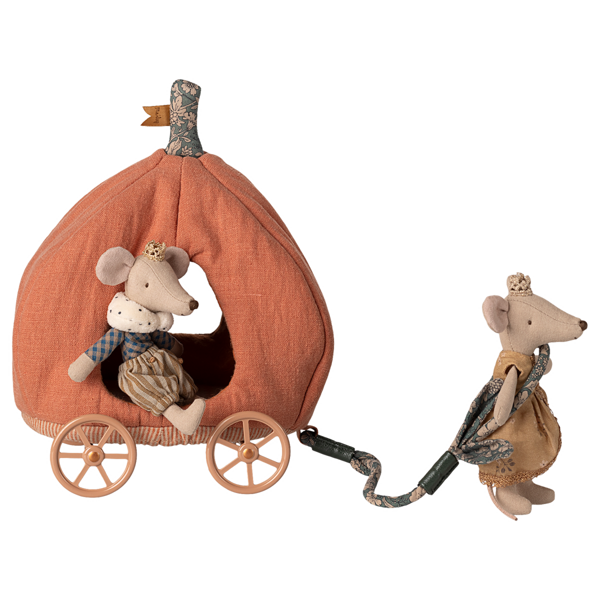 A whimsical, fairy tale-inspired carriage with golden wheels and soft fabric details—perfect for imaginative play and magical adventures with Maileg mice and fairy tale characters.