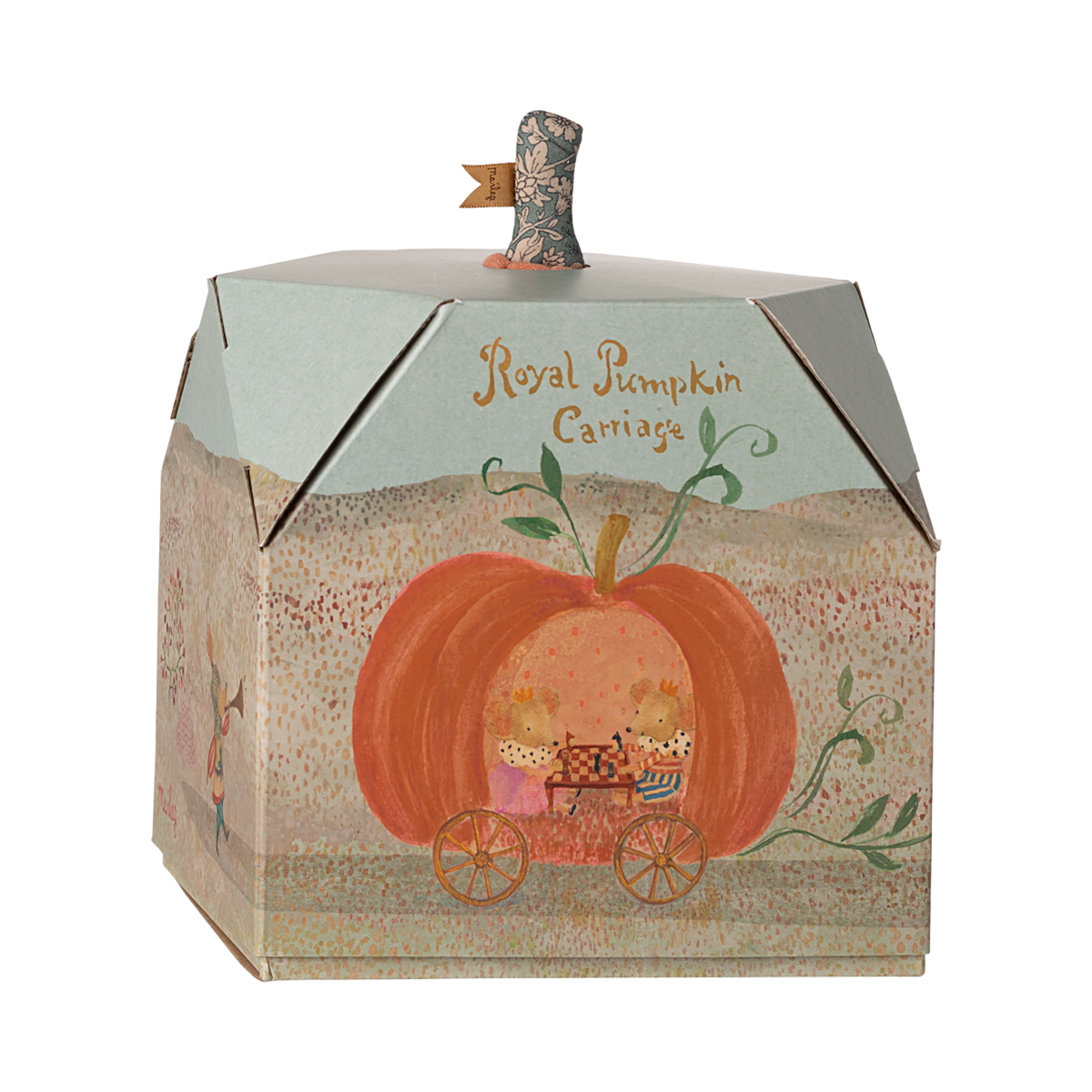 A whimsical, fairy tale-inspired carriage with golden wheels and soft fabric details—perfect for imaginative play and magical adventures with Maileg mice and fairy tale characters.