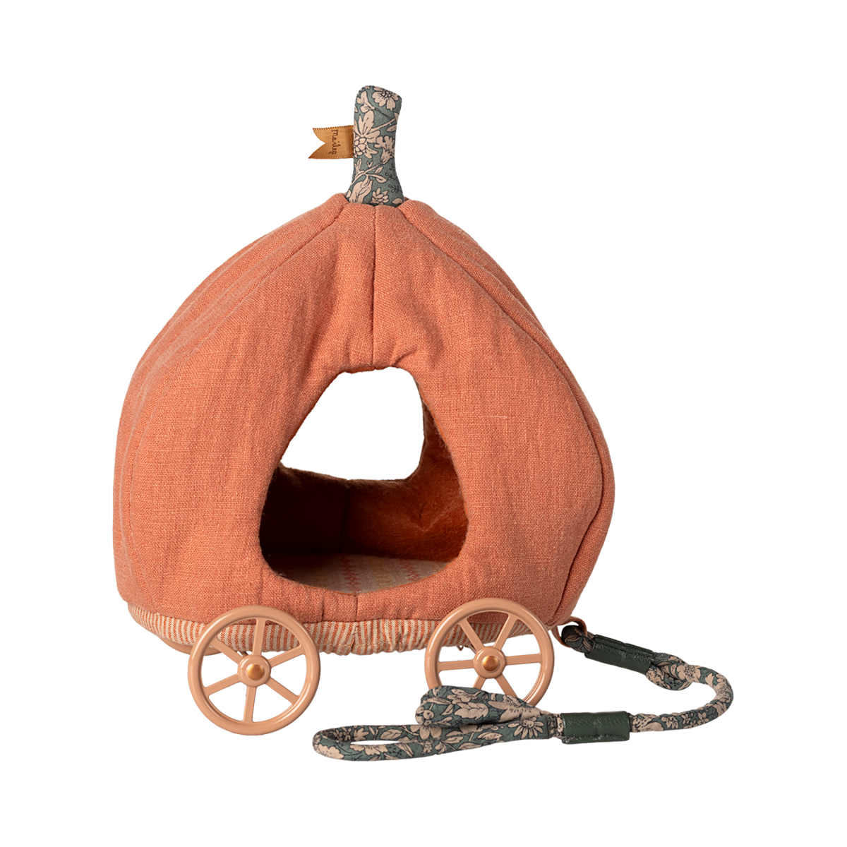 Fabric toy shaped like an orange pumpkin carriage with four wooden wheels and a floral-patterned pull string, creating a whimsical, fairy-tale feel.