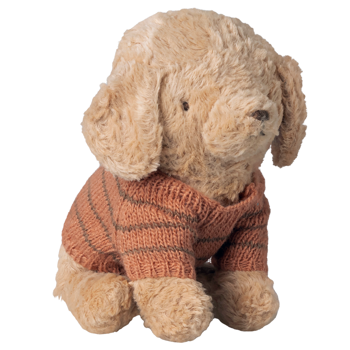 A plush beige puppy wearing a snug, striped brown knit sweater sits against a white background, radiating a cozy and endearing charm.