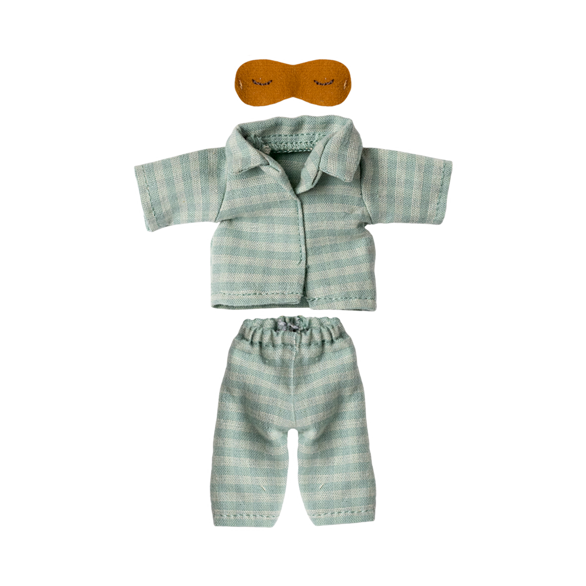Light blue and white striped doll-sized pajamas with short-sleeved top and pants, accompanied by a small brown sleep mask. The tone is cozy and playful.