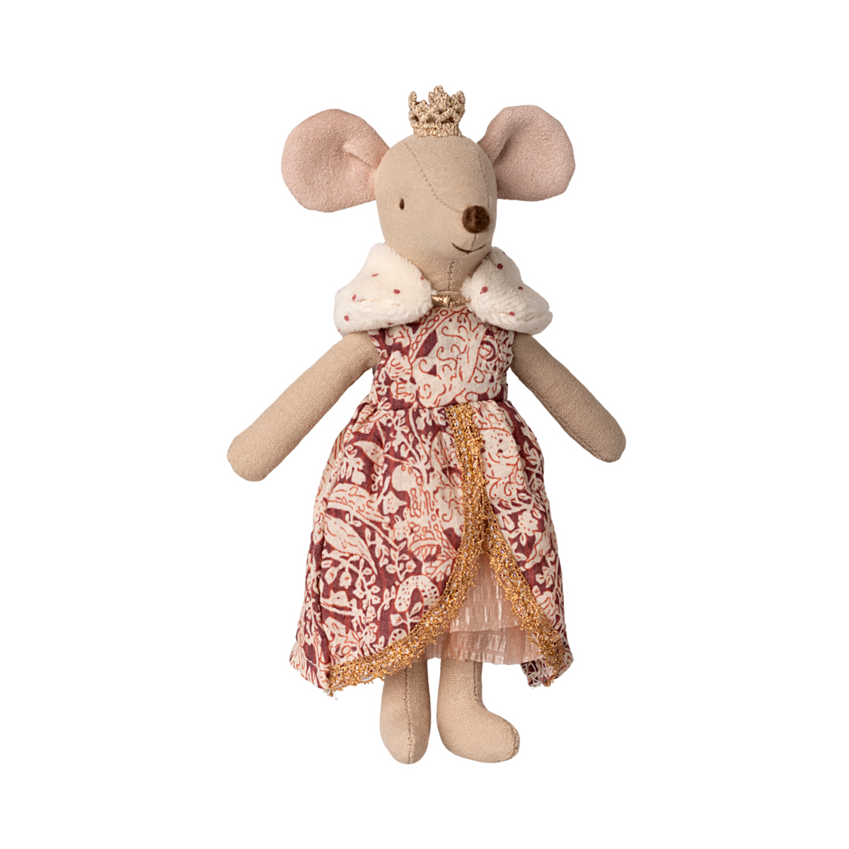 A plush mouse with a gold crown, wearing a red and white patterned dress with gold trim, and a white fur collar, stands upright. It has an elegant and regal appearance.