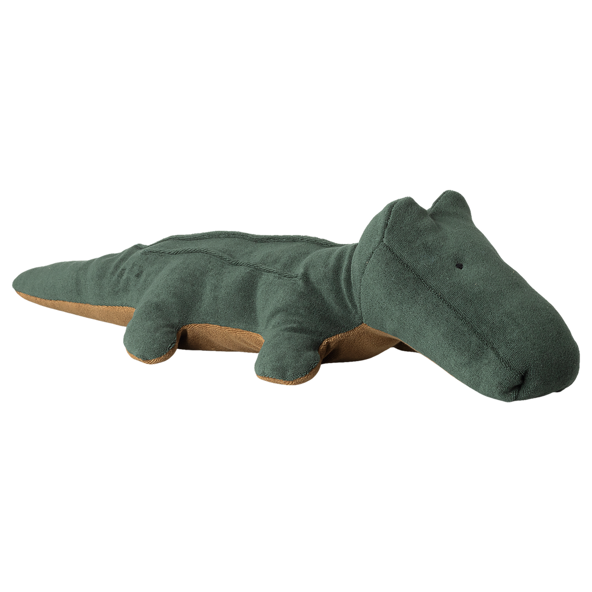 A soft, plush, green crocodile toy with a tan underside lies flat. The toy has a simple, friendly design, creating a playful and calming tone.