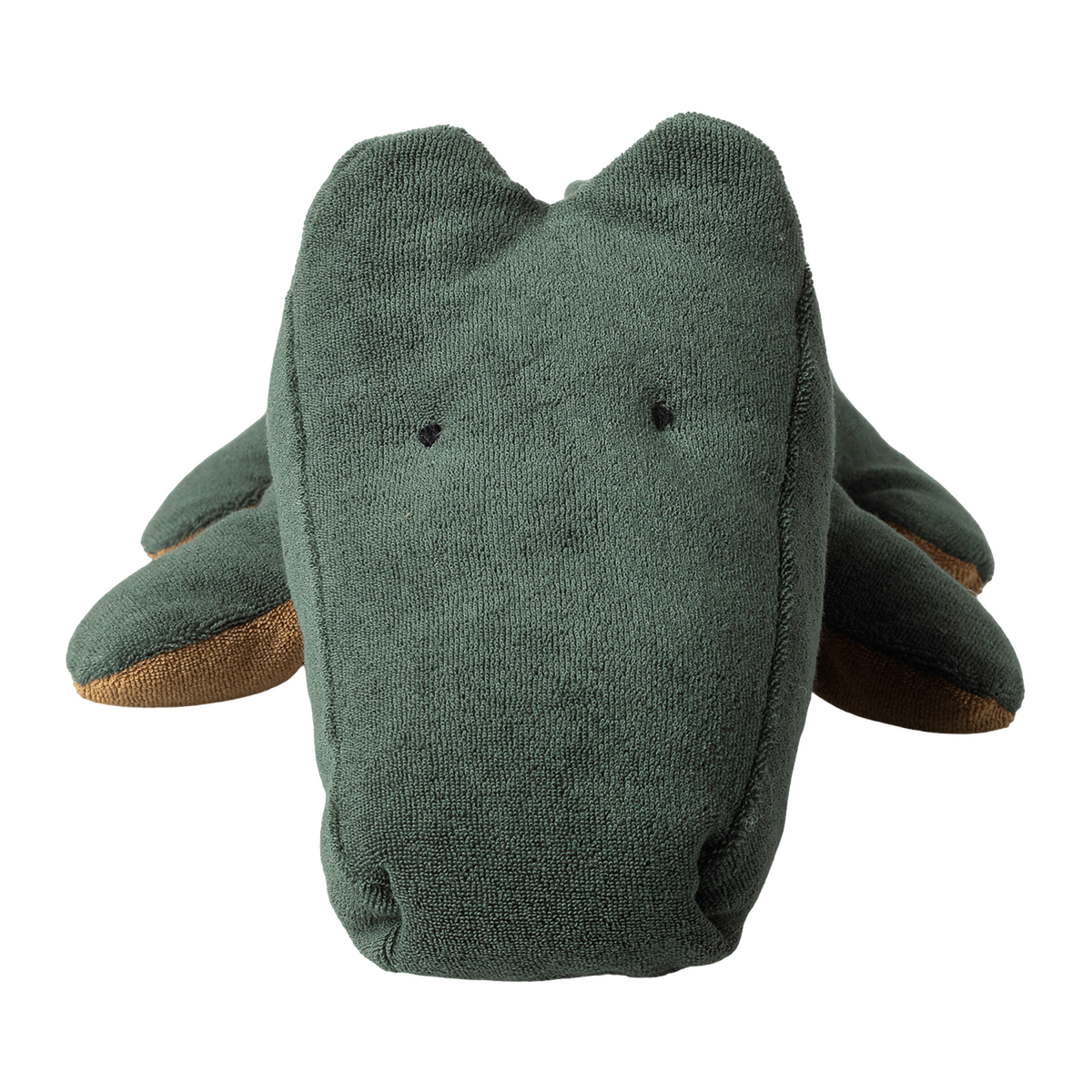 Green plush crocodile toy with simple black eyes and brown underside, set against a white background. It has a soft, friendly appearance.