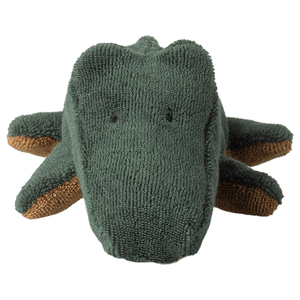 Close-up of a green plush crocodile on a white background, displaying a textured surface and simple, endearing facial features, conveying playfulness.
