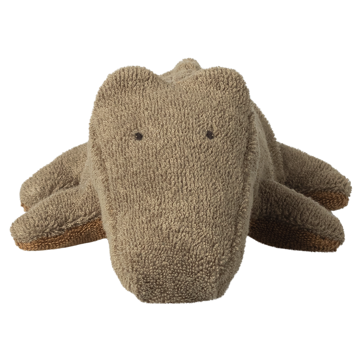 A plush toy crocodile made of textured fabric is centered on a white background. It looks soft and cuddly with a simple, cute expression.