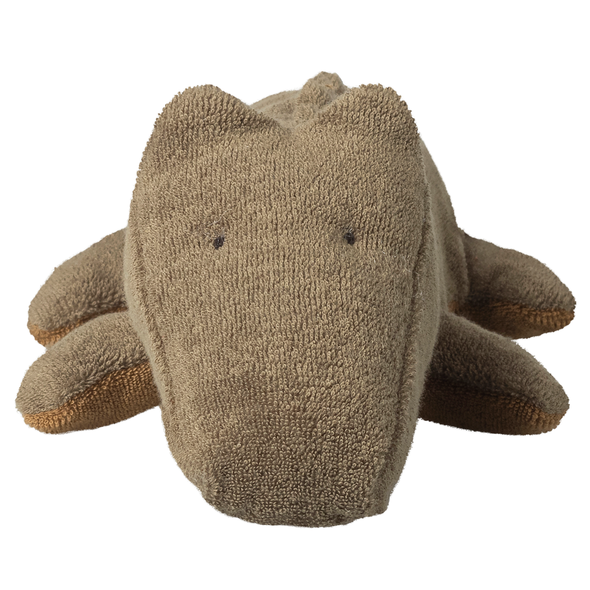 Brown plush toy crocodile with a textured fabric, viewed from the front. It has small black eyes and a cute, minimalist design. The background is white.