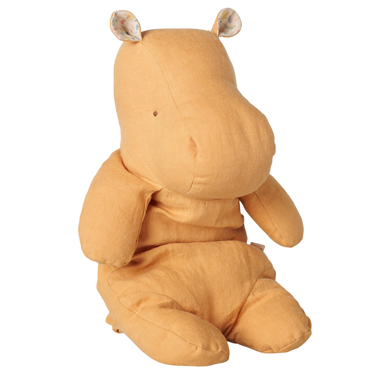 Maileg Safari Friends medium hippo plush toy in vintage yellow with floral patterned ears.