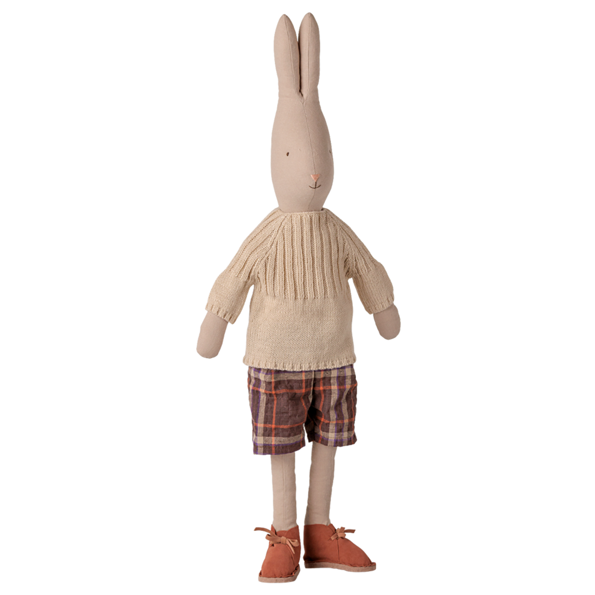 Maileg size 4 classic rabbit plush toy wearing a knitted sweater, plaid shorts, and brown shoes.