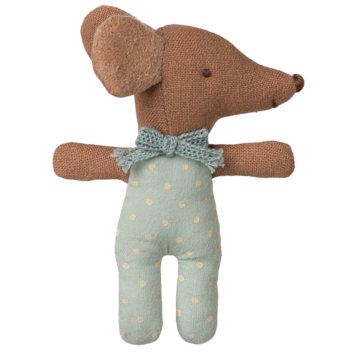 A soft, brown toy dog with floppy ears and a textured surface, wearing a blue polka dot outfit and bow tie, set against a white background.