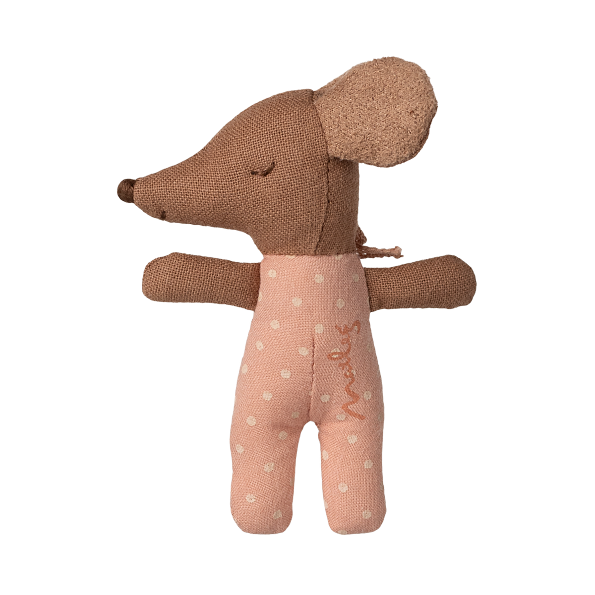 A cute fabric mouse toy with large ears wearing a pink polka dot outfit, set against a white background, creating a charming and playful tone.