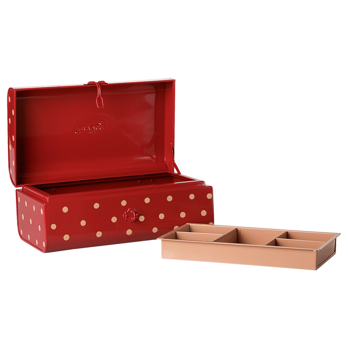 Maileg small red polka dot metal storage suitcase toy box with removable divider tray.