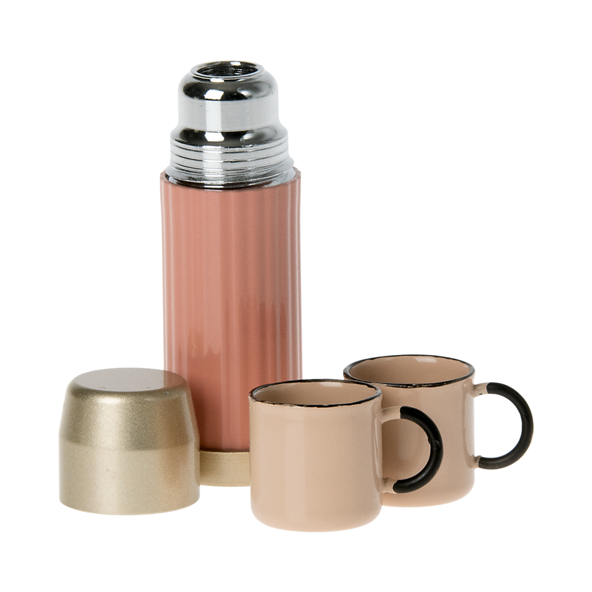 A stylish pink thermos with a gold lid and two matching pastel cups in white background.