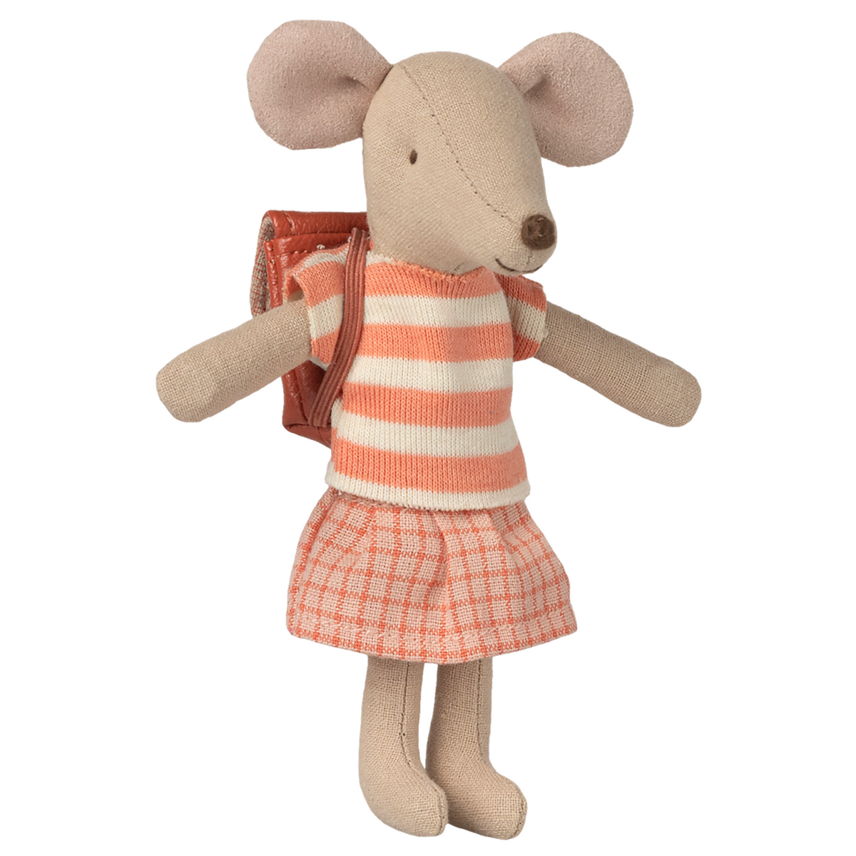 A cute fabric mouse doll wearing a striped shirt, checkered skirt, and a backpack. The doll conveys a playful and cheerful tone against a white background.