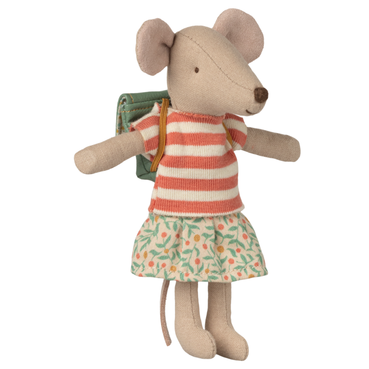 Plush mouse toy wearing a red-striped top and floral skirt, with a teal backpack. The toy's neutral expression conveys a whimsical charm.