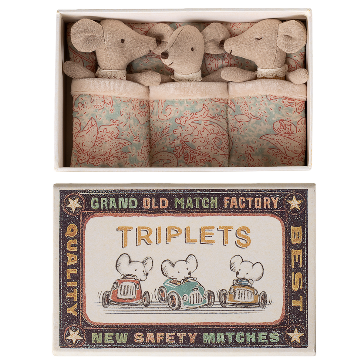 A matchbox labeled "Triplets" contains three plush mice cuddled in patterned blankets, exuding a cozy and whimsical tone.