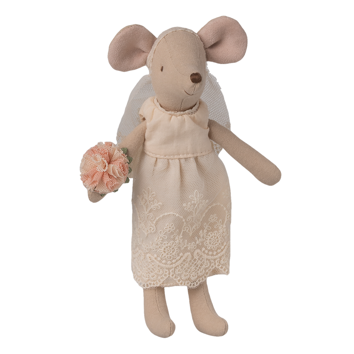 A small mouse doll wearing a lace dress and veil, holding a peach flower bouquet. The doll stands against a white background, evoking a whimsical tone.