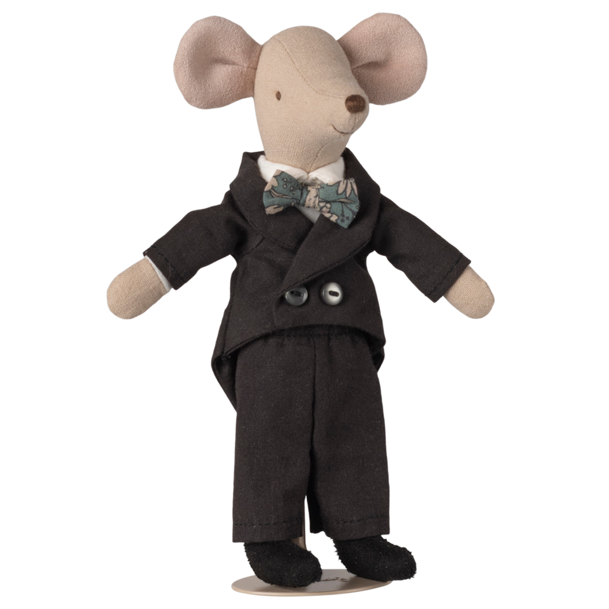 Stuffed toy mouse dressed in a black suit and floral bow tie, standing upright against a white background. The mouse exudes a cute, formal charm.