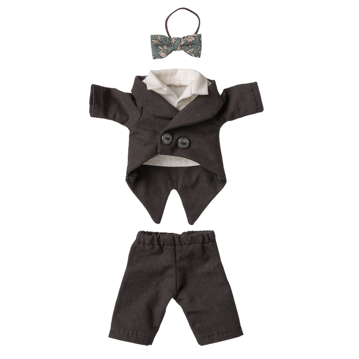 Black doll tuxedo set against a white background, featuring a small bow tie, a double-breasted jacket with white lining, and matching pants.