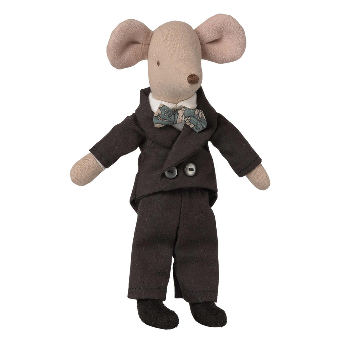 A plush mouse doll wears a dark suit with gray buttons and a patterned bow tie, exuding a charming, sophisticated look against a white background.