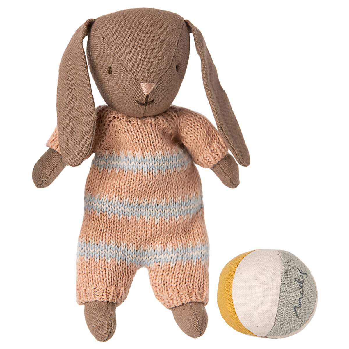 Maileg brown micro bunny plush toy wearing a dusty rose striped knit romper next to a small multicolored fabric ball.