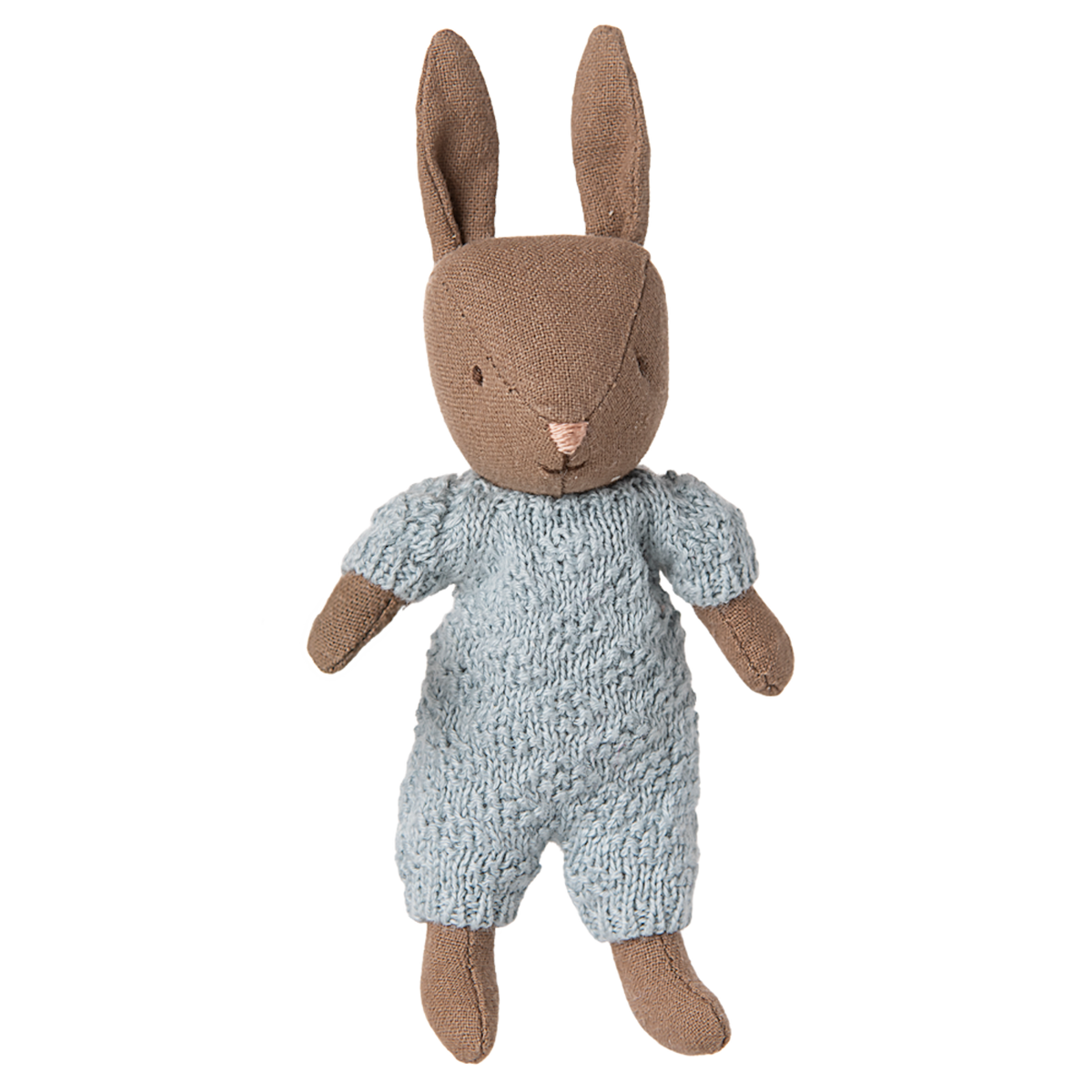 Maileg brown micro rabbit plush toy wearing a light blue knitted romper suit. Small linen bunny doll on white background.