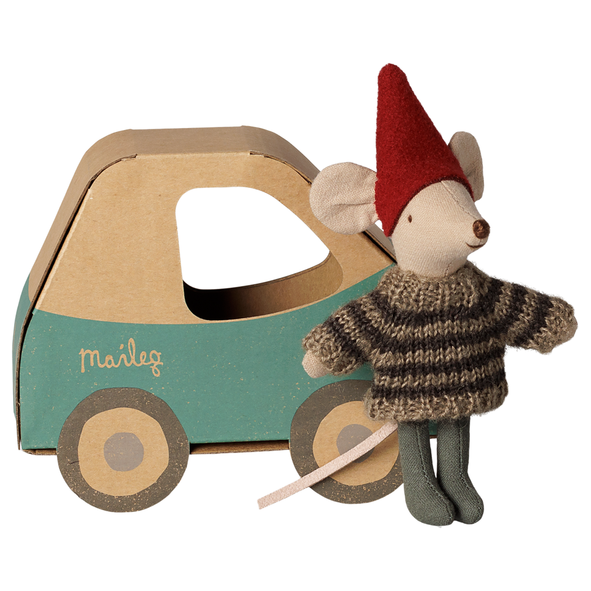 Maileg Christmas mouse little brother in a striped sweater standing next to a cardboard toy car box.