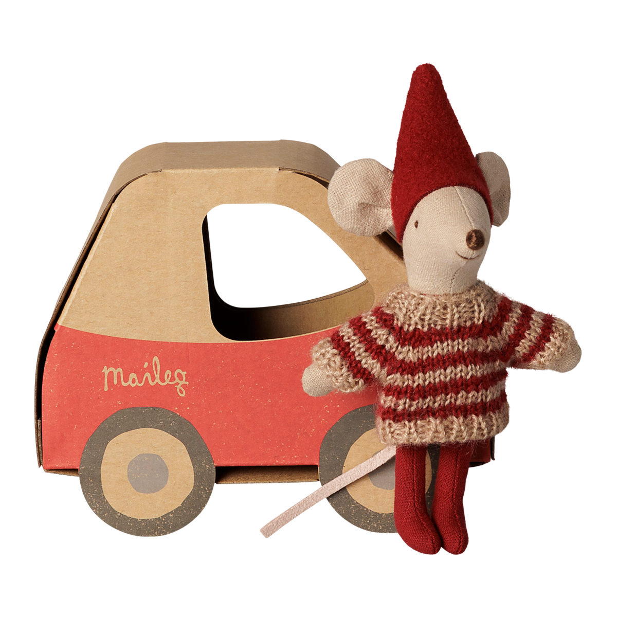 Maileg Christmas mouse little sister toy with a cardboard car box.
