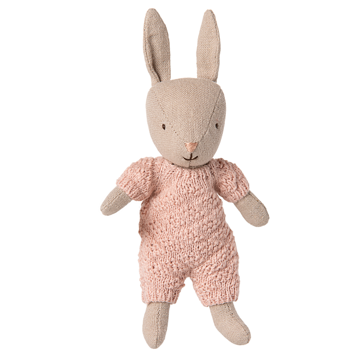 Maileg micro rabbit toy in a rose pink knitted suit. For heirloom plush toys and gifts.