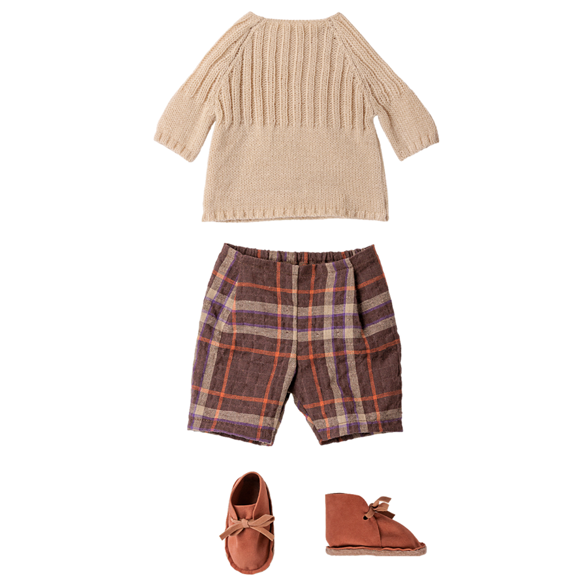 Maileg Size 4 rabbit clothes set with a knitted beige sweater, plaid pants, and brown shoes.