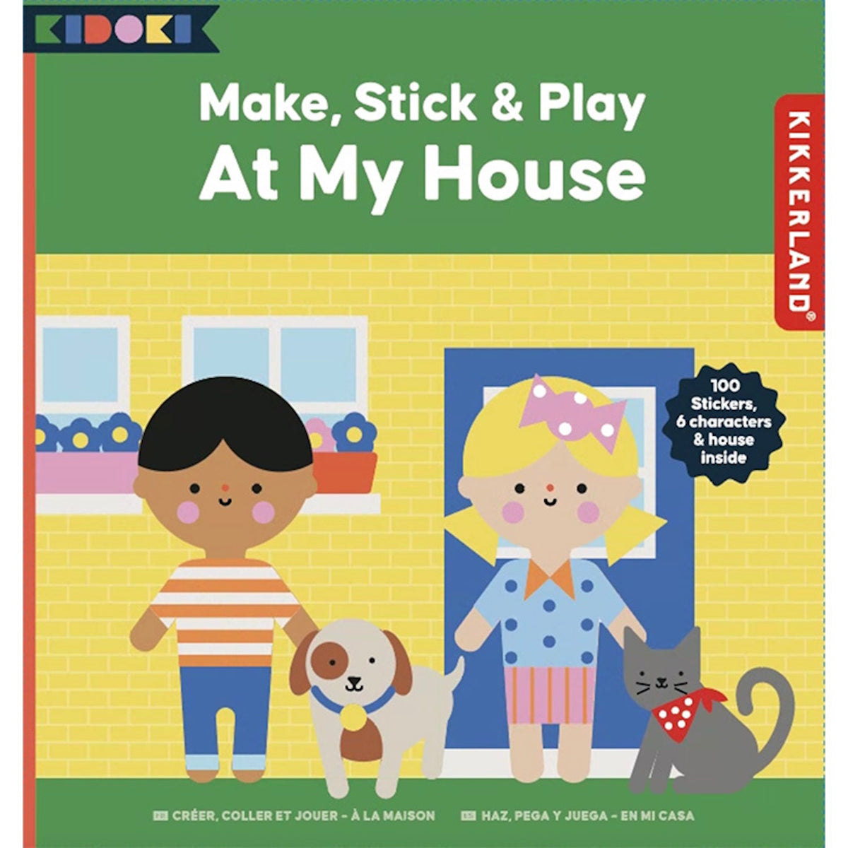 Kikkerland Kidoki "Make, Stick & Play At My House" activity book featuring illustrated kids, a dog, and cat.