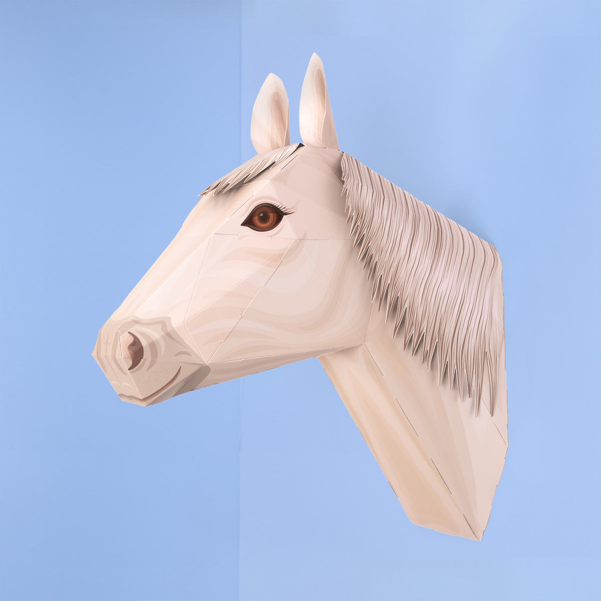 3D papercraft white horse head mounted against a light blue background.