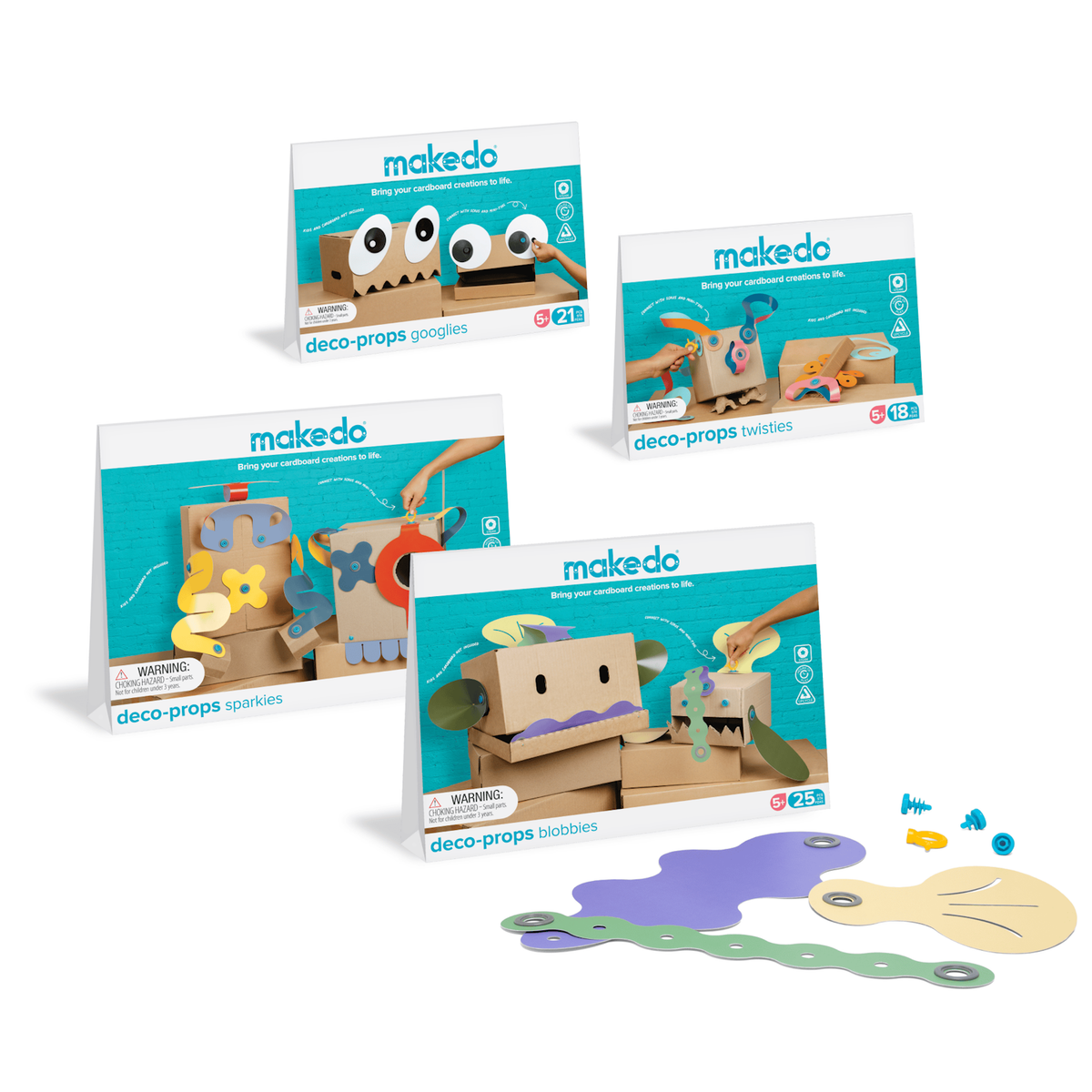 Four Makedo deco-props craft sets: googlies, twisties, sparkies, and blobbies with colorful accessories.