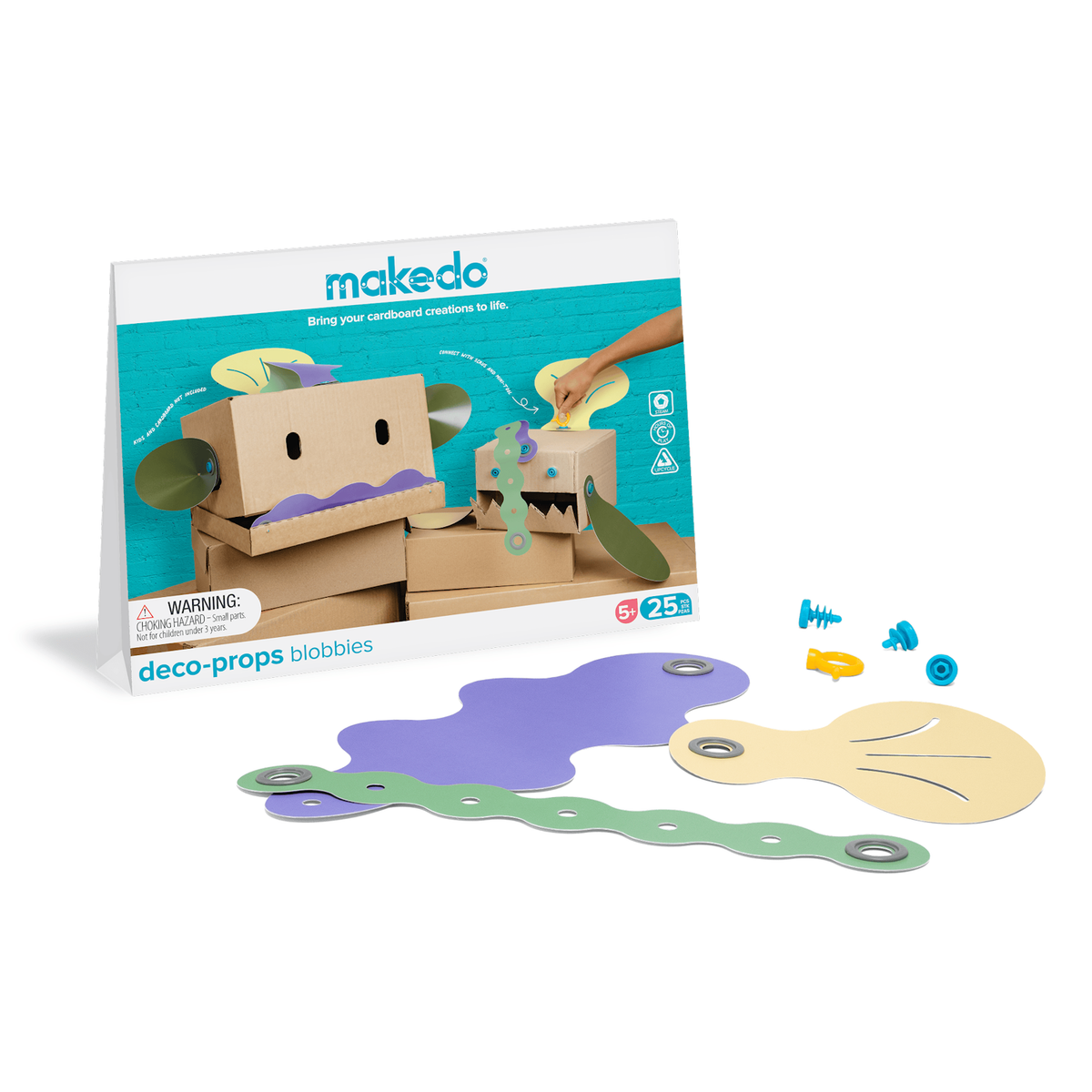 Makedo deco-props blobbies kit packaging with colorful cardboard shapes and plastic screws on white.