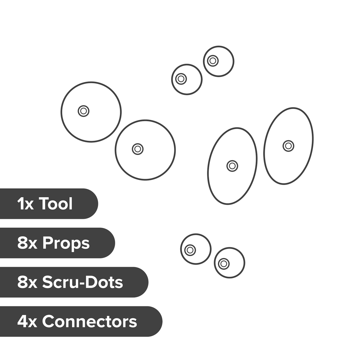 Line art illustration showing a set of eye-shaped props with lists of included tools and connectors.