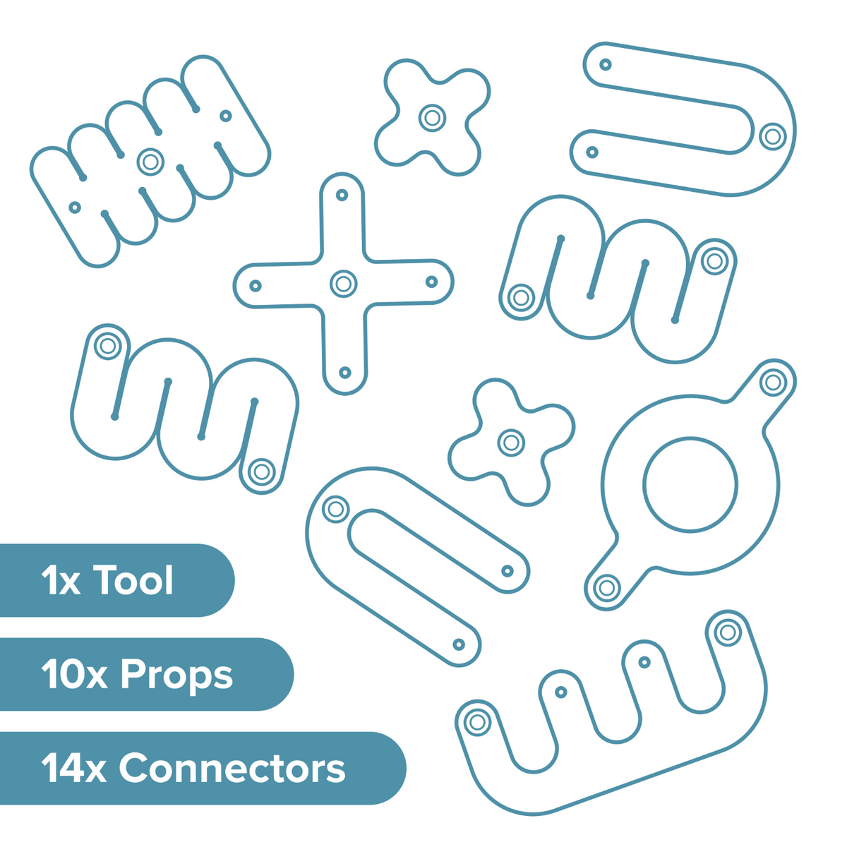 Blue line art showing ten cardboard construction props and text listing included tools, props, and connectors.