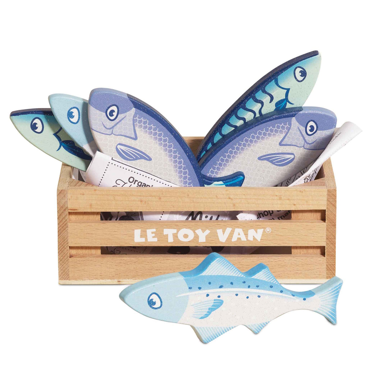 Wooden toy fish set featuring blue play fish in a small Le Toy Van wooden crate.