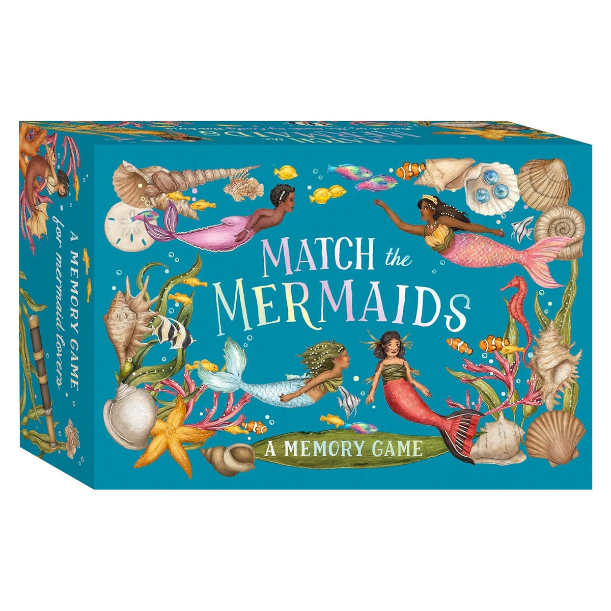 Box cover for 'Match the Mermaids: A Memory Game' featuring illustrated mermaids, shells, and sea life.