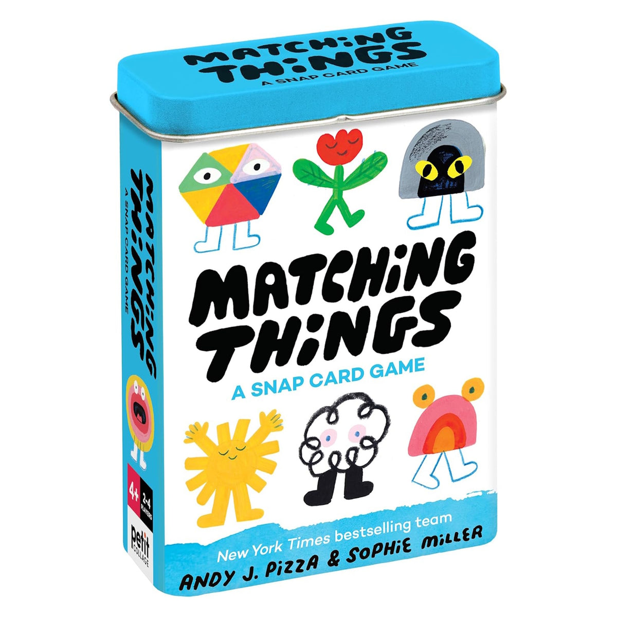 Matching Things: A Snap Card Game tin box featuring colorful, quirky illustrated characters.