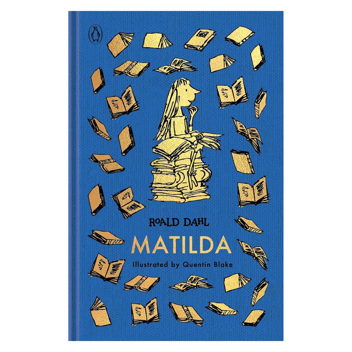 Blue clothbound book cover featuring gold illustrations of books and a girl sitting on a tall stack of books.