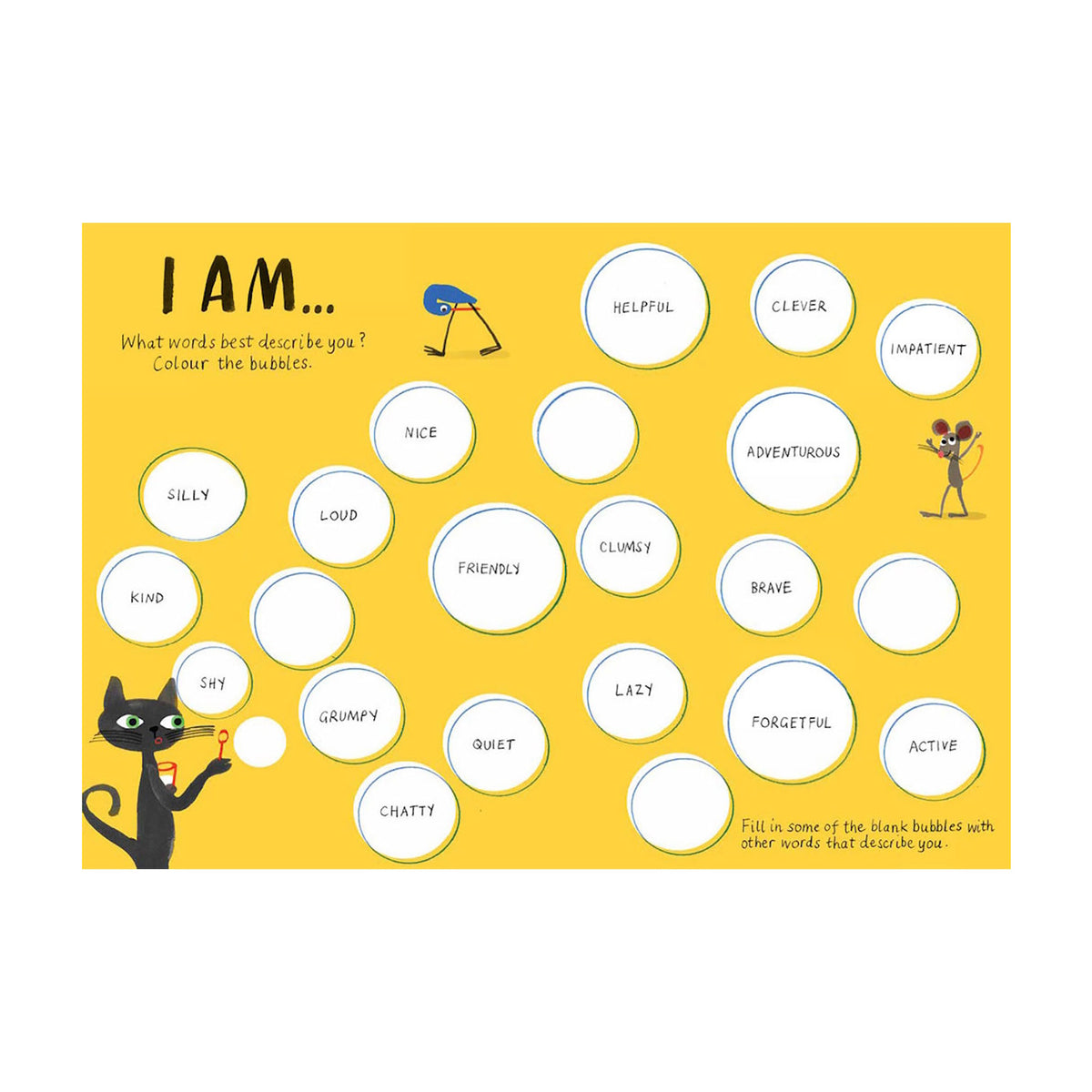 Yellow background with various white bubbles, each labeled with adjectives like "helpful," "clever," and "silly." A cartoon cat blows bubbles, a mouse cheers, adding a playful tone.
