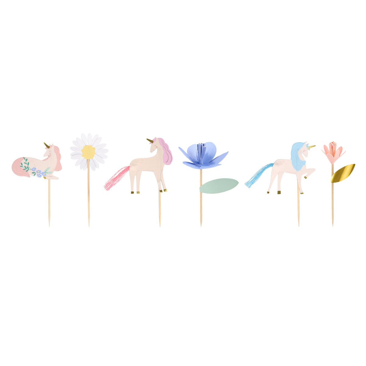 Line-up of six decorative cupcake toppers including unicorns, flowers, and a daisy on wooden picks.