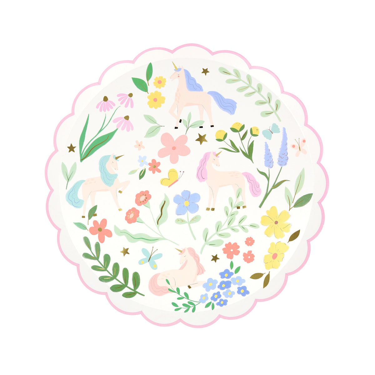 A round, scalloped paper plate with a pastel pattern of unicorns, flowers, and butterflies.