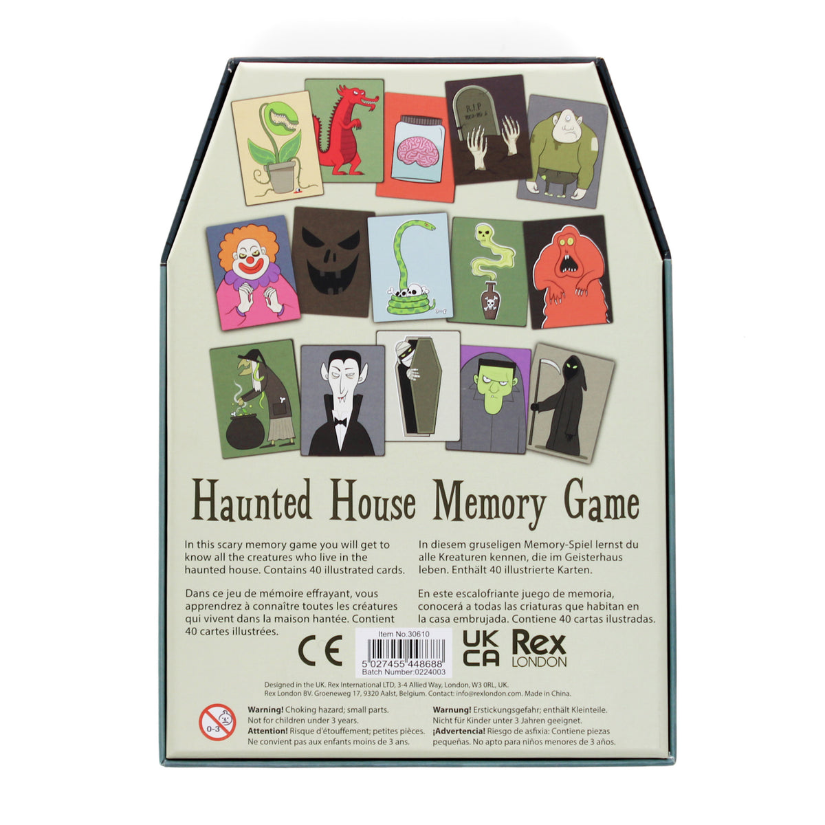 Back of Haunted House Memory Game box by Rex London showing spooky cartoon character cards and product details.