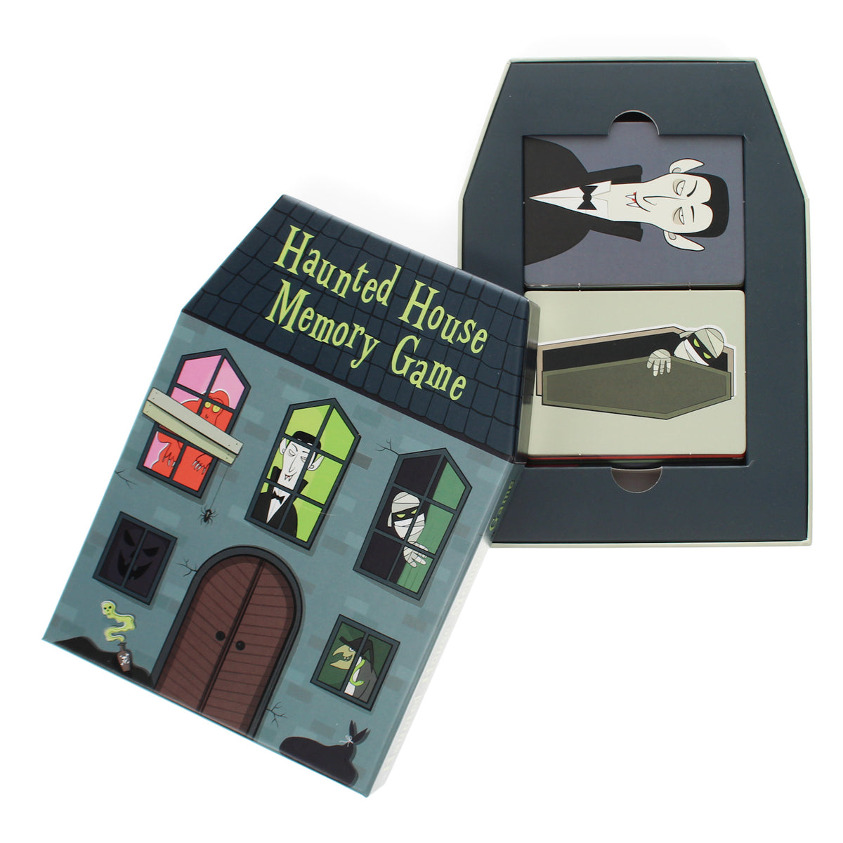 Haunted House Memory Game box with spooky vampire and mummy matching cards in a coffin tray.