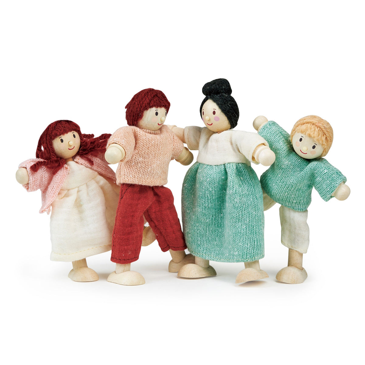 Set of four bendable wooden dolls representing a family.